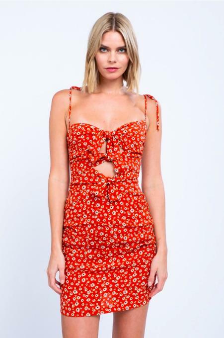 Red Floral Front-Tie Cutout  Mini Dress