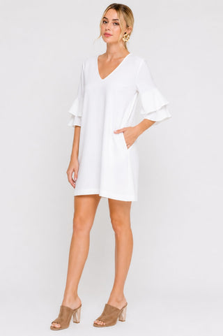 Jaqueline White Ruffle Sleeve Shift Dress - Front View