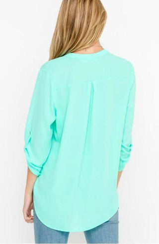 See That Girl Mint Green Roll Tab Sleeve Top - Back View