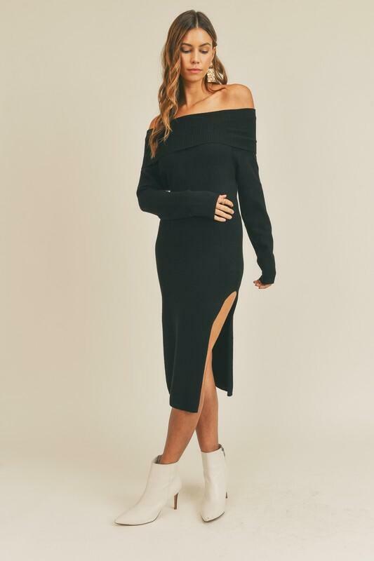 Black Off-the-Shoulder Midi Sweater Dress