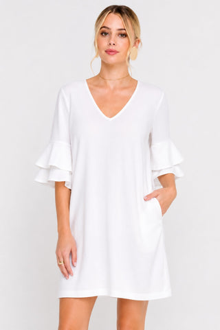 Jaqueline White Ruffle Sleeve Shift Dress - Detailed View