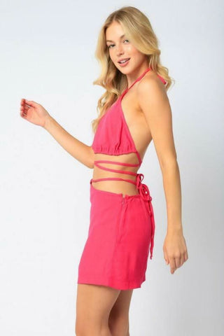 Lucia Fuchsia Strappy Waist Two-Piece Mini Dress Set - Side View