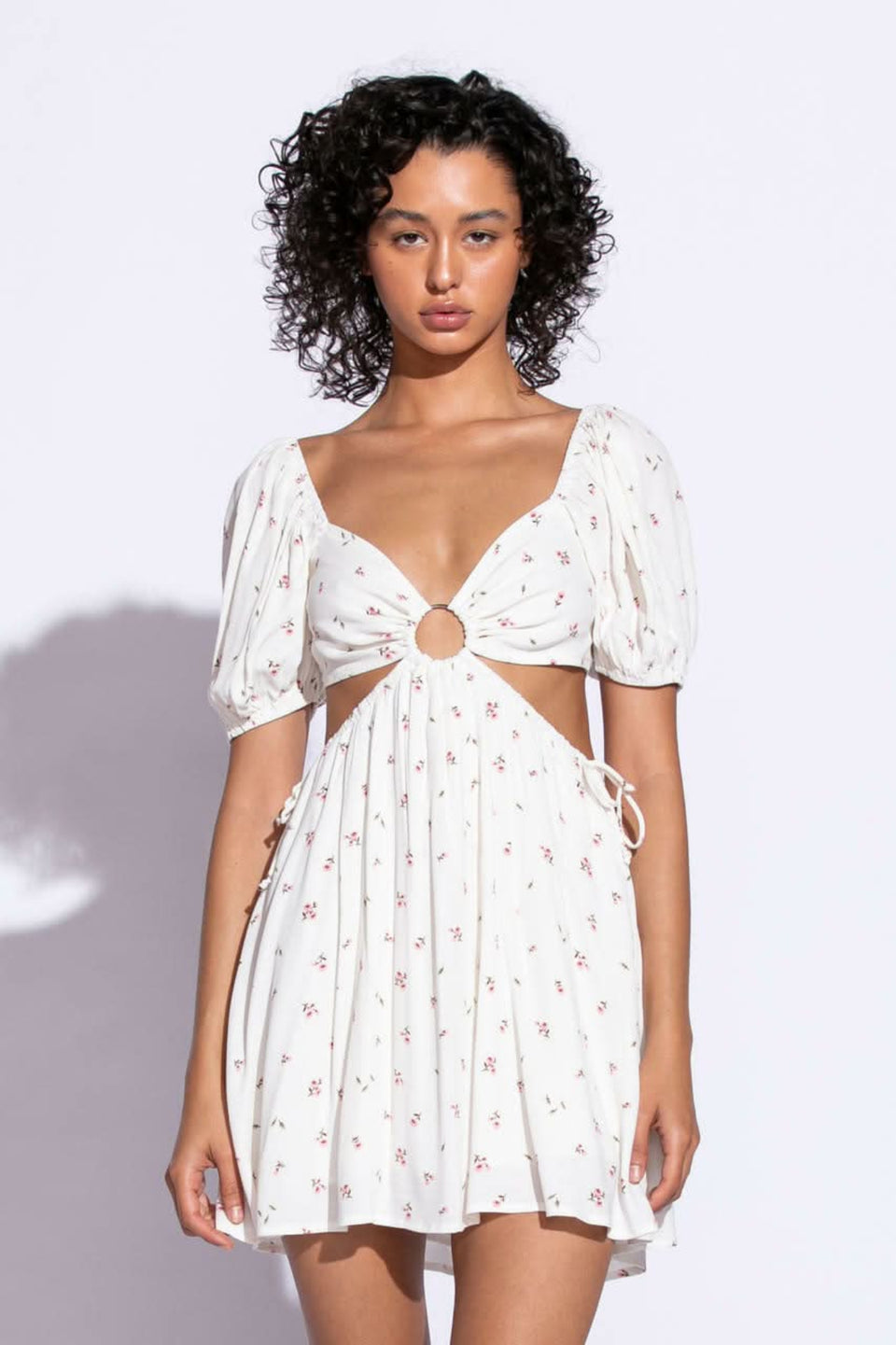 Sky To Moon Valerie Ivory Floral Print Puff Sleeve Cutout Mini Dress - Size L
