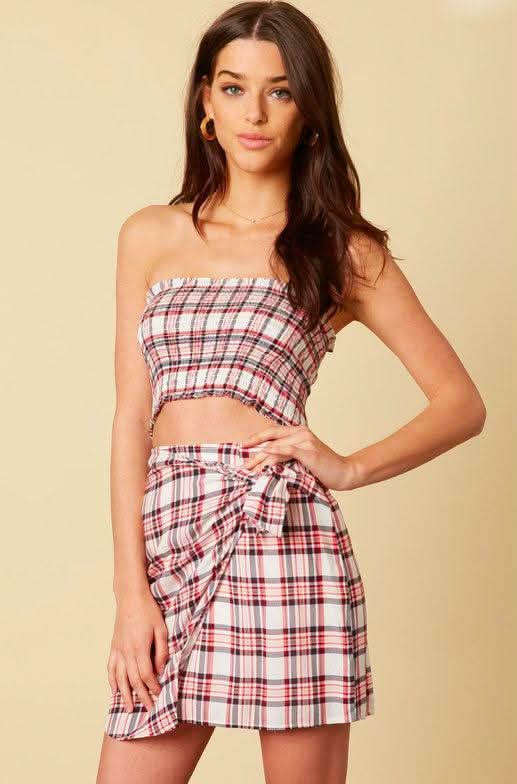 Red Plaid Two-Piece Vacation Mini Dress Set | Boho Pink Red Plaid Two-Piece Vacation Mini Dress Set | Boho Pink