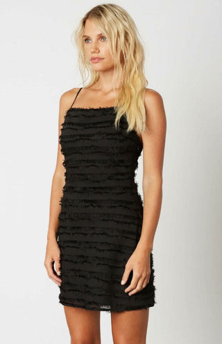 Black fringe dress with straight neckline
