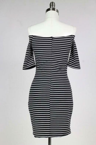 Back view on mannequin showing the black & white striped rayon-spandex fabric | Boho Pink