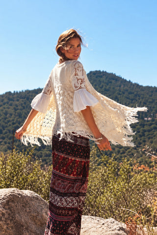 En Créme Cream Mixed Media Fringed Vest - Boho Style