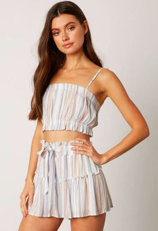 Blue striped crop top and short set front view