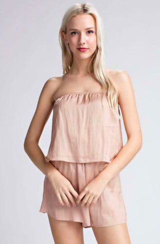 Gaea Champagne Blush Satin Strapless Romper