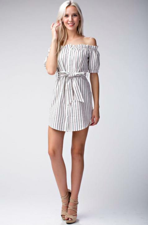 Off-the-Shoulder Striped Shirt Dress