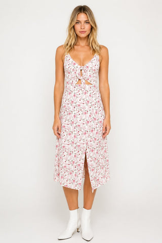 Buttercup Bouquet White Floral Double Tie-Front Sleeveless Dress - Front View