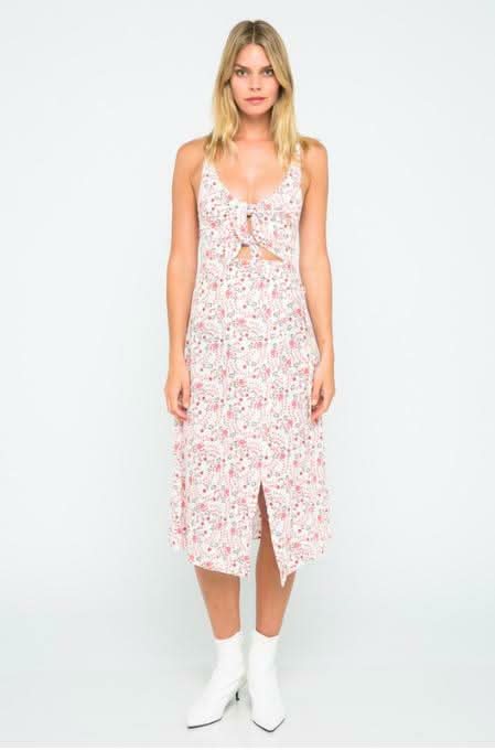 White and Pink Floral Double Tie-Front Sleeveless Dress 