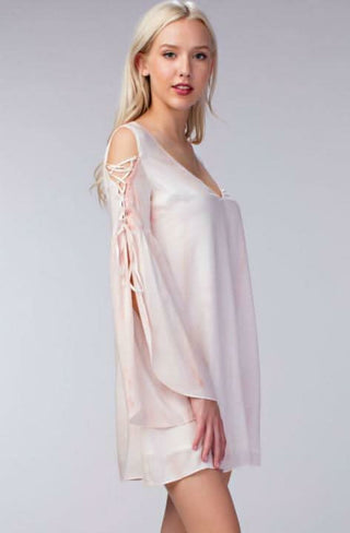 blush lace up sleeve shift dress