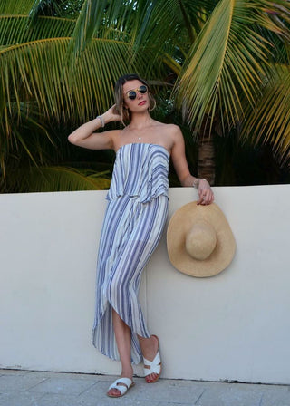 White and Blue Print Strapless Maxi Dress