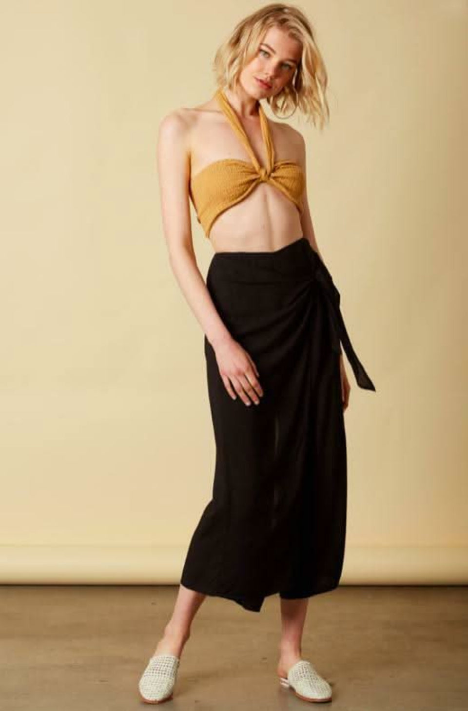 Black wrap front cropped beach pants front view