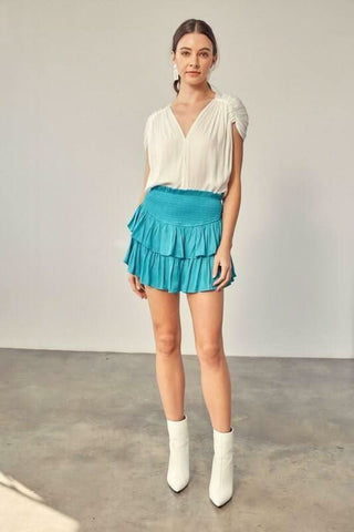 Jade blue ruffle skort with smocked waist and tiered mini skirt