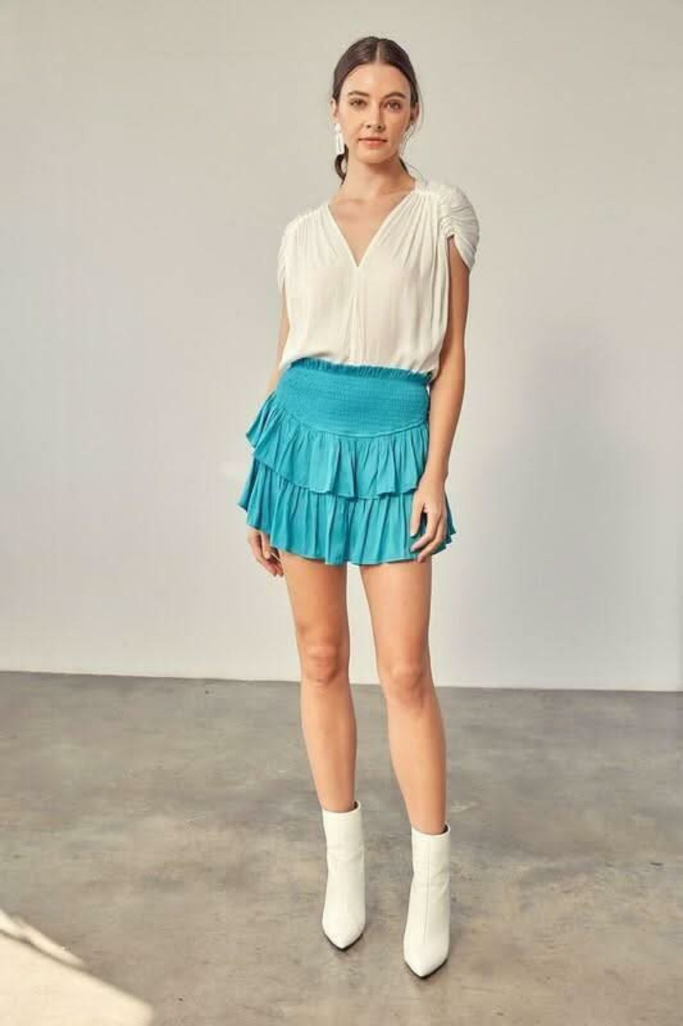 Jade blue ruffle skort with smocked waist and tiered mini skirt