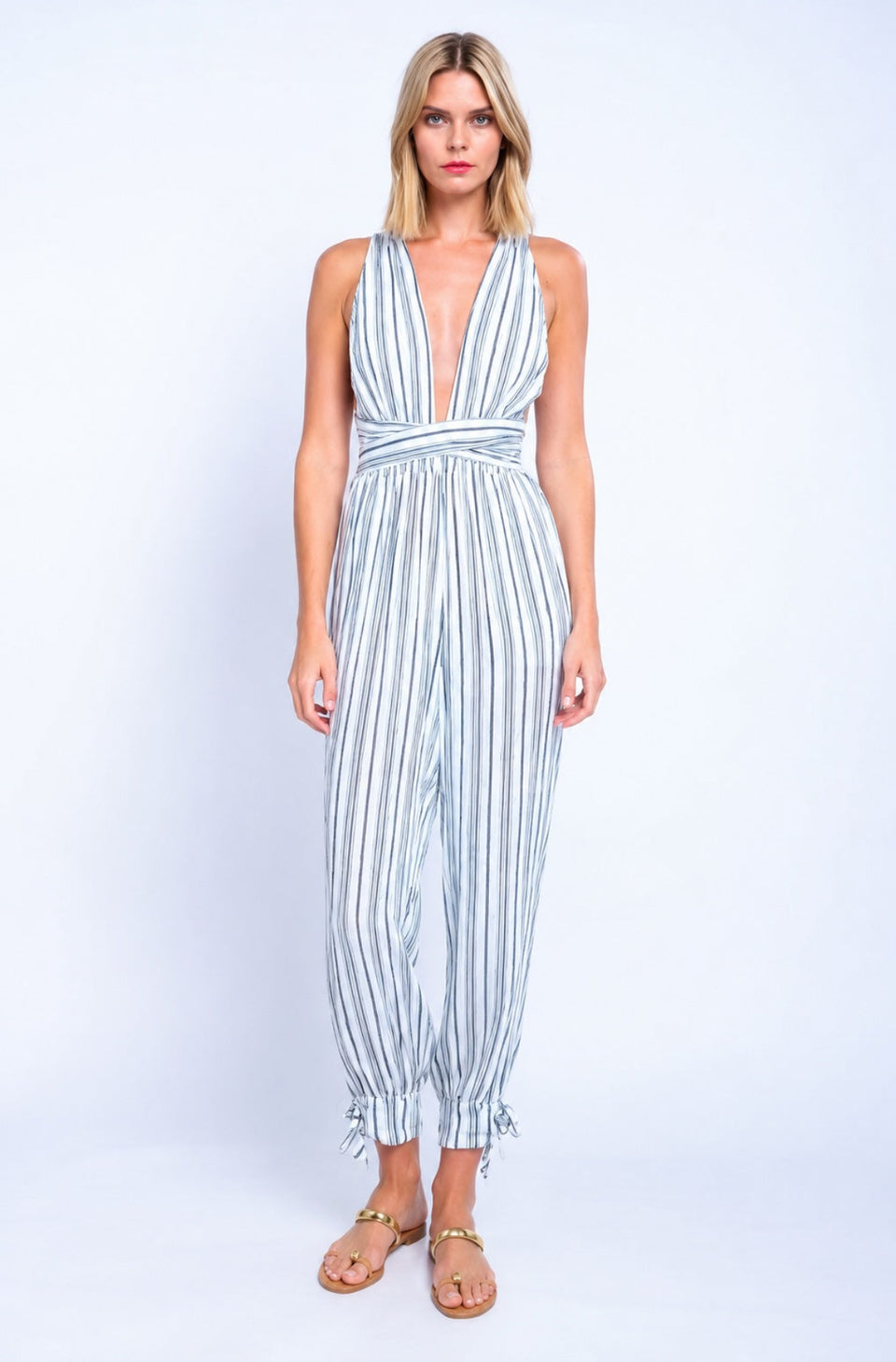 Aphrodite White and Black Striped Plunge Jumpsuit - Front View