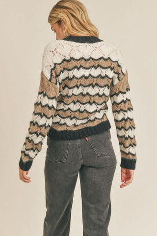 LUSH Allie Cream and Black Striped Pointelle Sweater back view