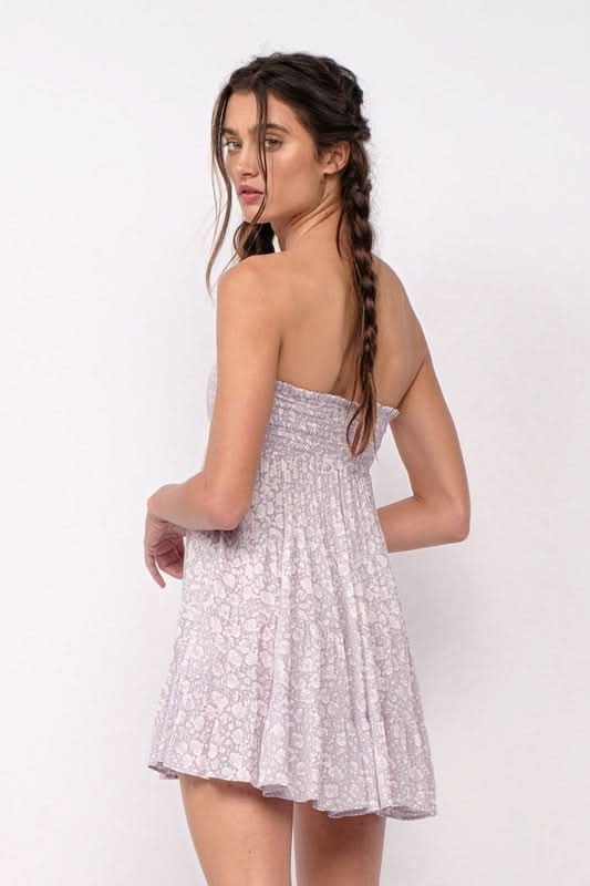 Avery Lavender Floral Print Strapless Mini Dress styled for pref day