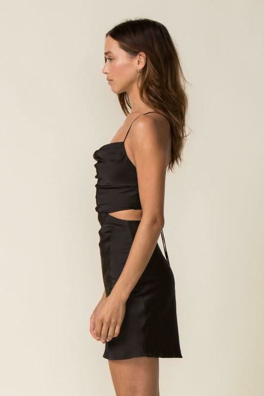 Max Appeal Black Satin Backless Mini Dress from our LBDs collection