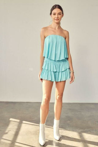 Milky blue strapless romper summer outfit vacation look