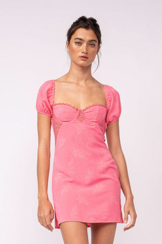 Delilah Pink Puff Sleeve Bustier Mini Dress front view | Boho Pink