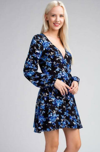 Middleton Black and Blue Floral Long Sleeve  Wrap Dress - Side View