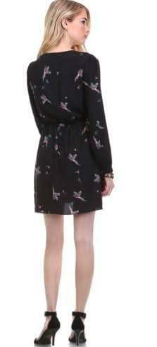black bird print wrap mini dress back view