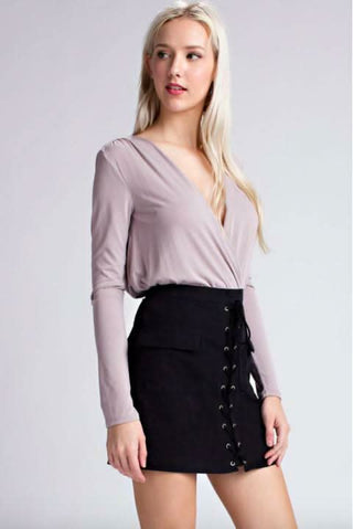 In Focus Mauve Long Sleeve Surplice Wrap Bodysuit - Side View