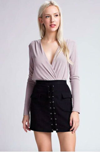 In Focus Mauve Long Sleeve Surplice Wrap Bodysuit - Front View