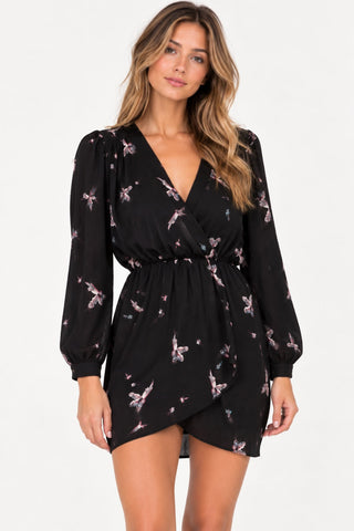 black long sleeve wrap mini dress with bird print