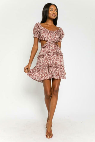 Maya Mauve Floral Off-the-Shoulder Mini Dress styled with strappy sandals