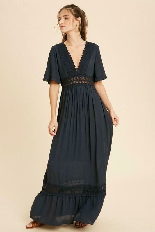 Wishlist Navy Blue Short Sleeve Boho Maxi Dress - Lace Trim - Size L Wishlist Navy Blue Short Sleeve Boho Maxi Dress - Lace Trim - Size L