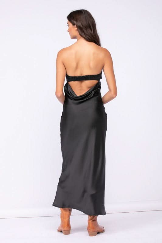 Black Satin Strapless Cowl Back Maxi Dress | Boho Pink Black Satin Strapless Cowl Back Maxi Dress | Boho Pink