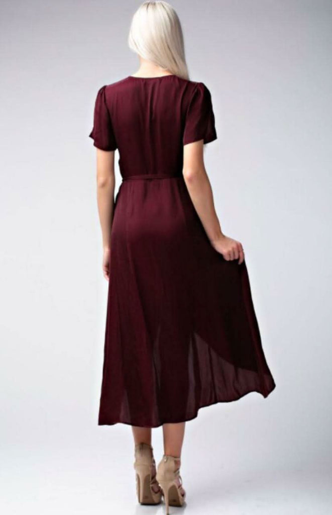 Burgundy Midi Wrap Dress with Flutter Sleeves | [Boho Pink Burgundy Midi Wrap Dress with Flutter Sleeves | [Boho Pink