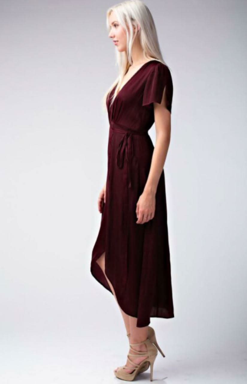 Burgundy Midi Wrap Dress with Flutter Sleeves | [Boho Pink Burgundy Midi Wrap Dress with Flutter Sleeves | [Boho Pink