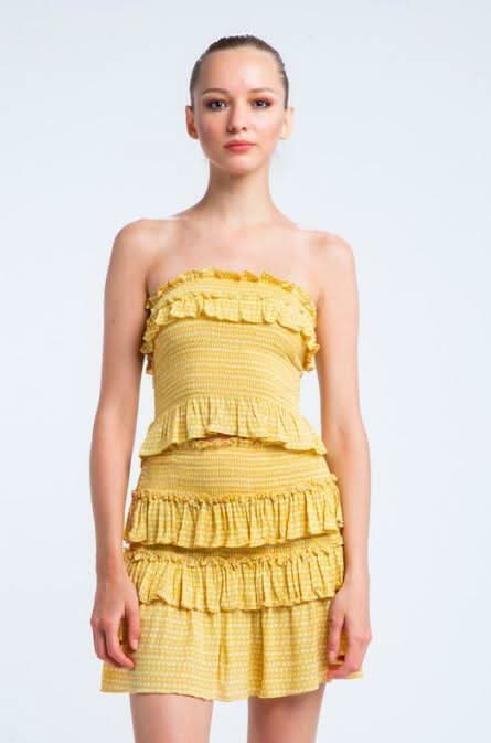 Allie Yellow Boho Print Smocked Two-Piece Dress a strapless mini dress set