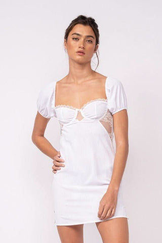Delilah White Puff Sleeve Bustier Mini Dress front view | Boho Pink