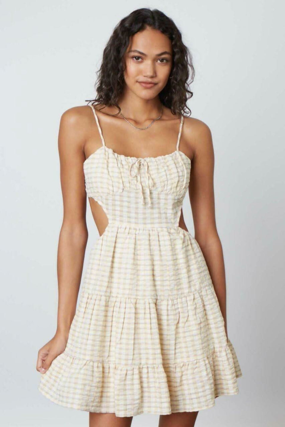 Juliet Yellow Stripe Print Backless Ruffled Mini Dress - Size L - Cotton Candy LA