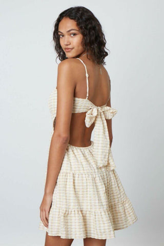 Yellow summer mini dress with open back tie detail