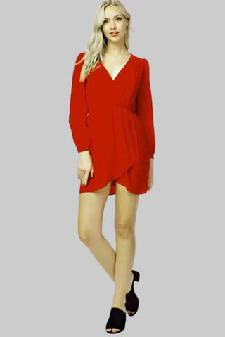 Hannah Cranberry Red Long Sleeve Wrap Dress styled with heels for indoor photo shoot