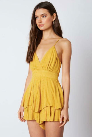 Mustard yellow surplice romper with ruffle shorts
