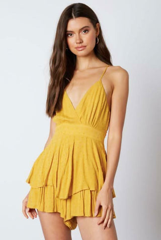 Mustard yellow backless ruffle romper front view