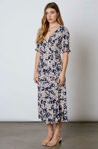 Daisy Blooms Navy Floral Print Wrap Midi Dress - Side Angle View