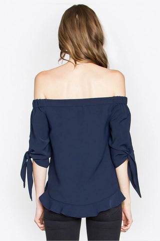 Navy Off-Shoulder Tie-Sleeve Top
