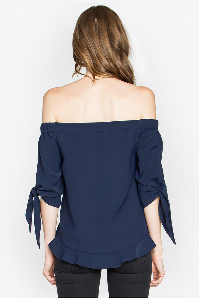 Navy Off-Shoulder Tie-Sleeve Top