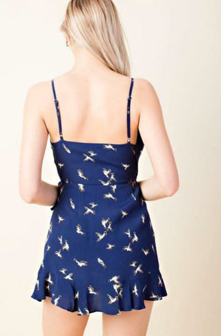 navy bird print wrap skort dress back view