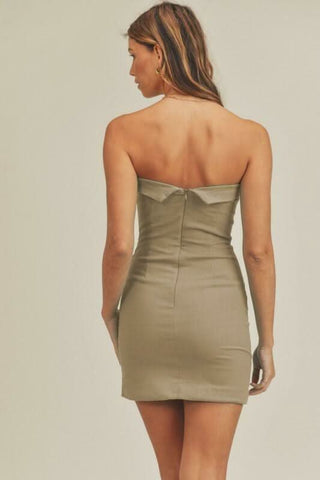 On My Mind Dusty Olive Strapless Mini Dress - Foldover Neckline - Back View