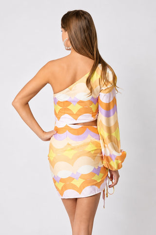 Bianca Mango Retro Wave Print One Shoulder Long Sleeve Mini Dress - Back View